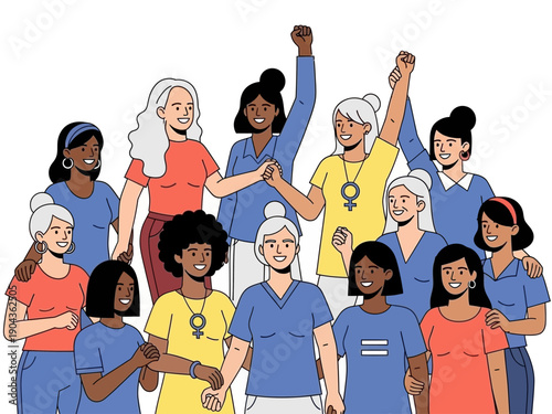 Diverse group of women standing together some raising fists against a white background