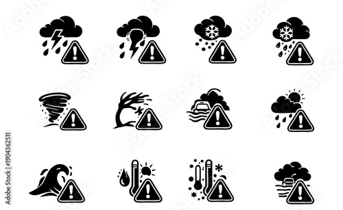 Extreme Weather Warning Icons Set in Black Silhouette Style	
