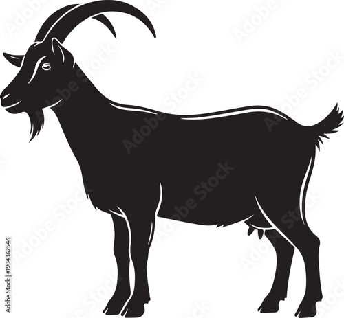 Silhouette of a female goat with large curved horns and a beard standing on a white background