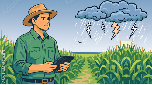 Farmer Using Digital Tablet to Monitor Crops During Extreme Weather	
