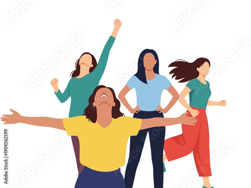 Four diverse women depicted in dynamic poses expressing empowerment and freedom