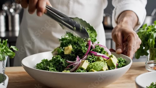 Chef prepares a vibrant kale and avocado salad with tongs in a professional kitchen setting showcasing healthy eating and fresh ingredients for culinary use