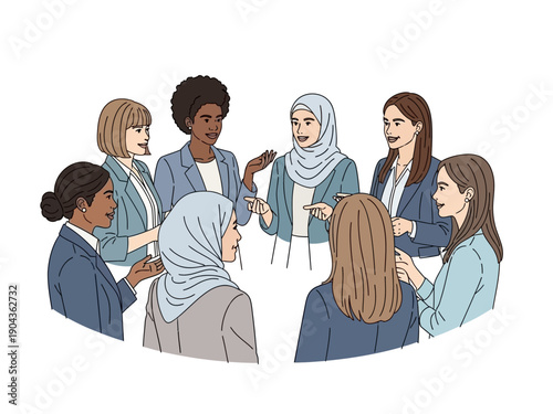 Illustration of eight diverse professional women in business attire in a circle