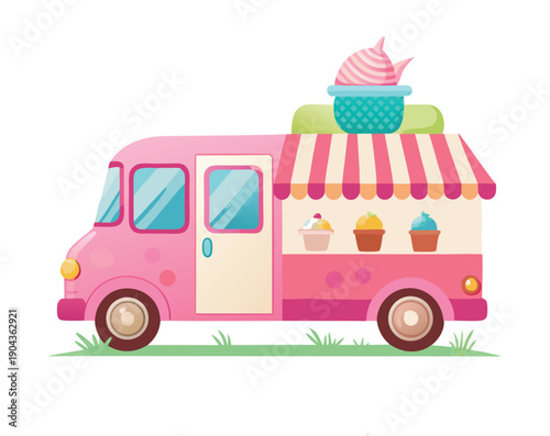 A charming pink food truck with a striped awning is ready to serve delicious ice cream and cupcakes.
