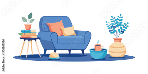 A cozy blue armchair with cushions sits next to a small side table holding books and a plant.
