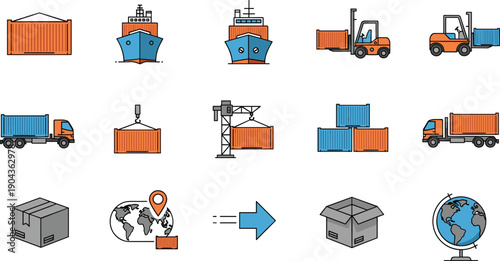 Shipping and cargo logistics icon set with container transport, freight delivery, port handling and global trade symbols isolated on white background vector collection