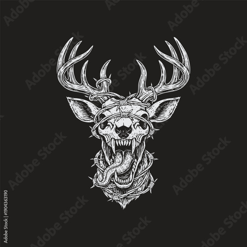 Creepy deer skull head wrapped in barbed wire with fierce expression in detailed engraving style.