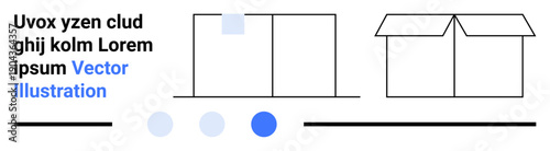 Open cardboard box icon next to vertical rectangles and varying circular shapes. Ideal for packaging, organization, delivery, design concept, creativity, minimalism, simple landing page