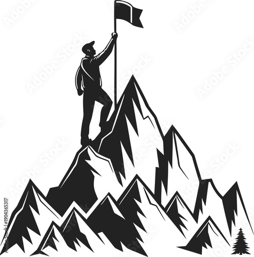 Triumphant Figure Holding Flag on Mountain Summit
