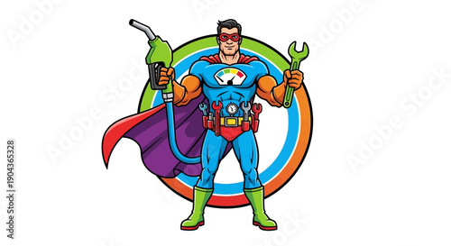 Heroic Superhero Mechanic Saving the Day at a Vibrant Garage Workshop with Tools and Fuel in Action-Packed Scene