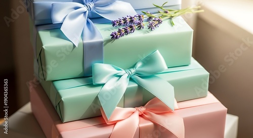 Elegant Gift Boxes Stacked with Lavender Sprigs