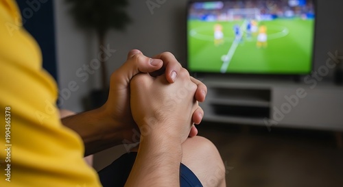 Fervent Fan Watches Soccer Match, Hands Clasped Tightly