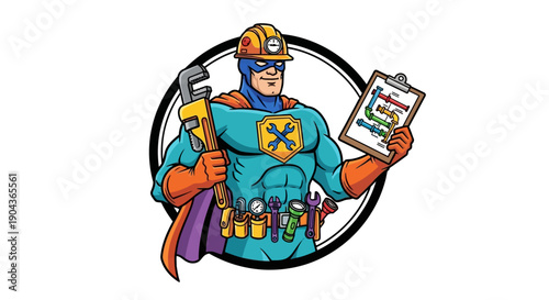 Heroic Handyman Action, Superhero Tradesman, Workshop Scene, Illustration, Dynamic Environment, Bold Viewpoint, DIY Concept