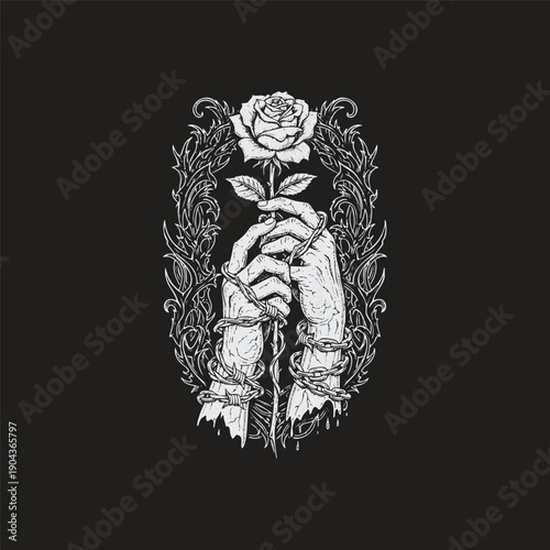Vintage engraving of hands holding a rose flower wrapped in barbed wire and chains with ornate thorns border in dark woodcut style