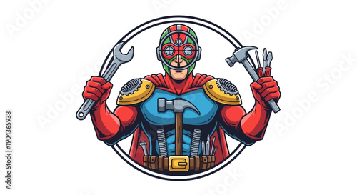 Superhero with Tools in Vivid Illustration, Creative Environment, Engaging Viewpoint