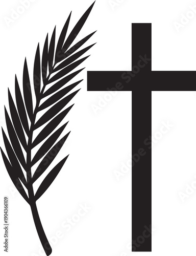 Palm frond and cross silhouette illustration, religious symbol vector, on transparent