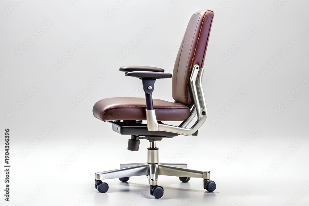 Fototapeta premium Modern ergonomic office chair with brown leather seat and backrest, adjustable armrests, metallic frame and caster wheels, designed for workplace comfort and durability