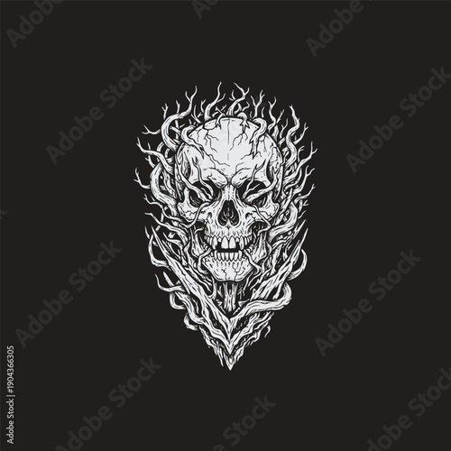 Vintage woodcut engraving of a human skull entwined with mystical dry tree roots in dark gothic horror style.