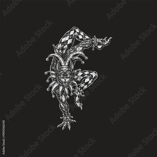 Vintage engraving of a creepy cat jester in harlequin costume with bells for dark gothic and occult circus design
