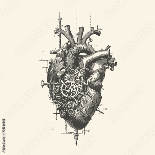 Intricate Steampunk Mechanical Heart with Gears and Clockwork Elements, a Vintage Engraved Sci-Fi Concept