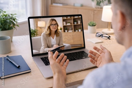 Wallpaper Mural Male client communicating with mental health specialist through video call while discussing personal concerns. Torontodigital.ca