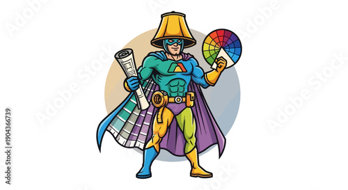 Action-Packed Superhero Illustrating Color Theory in a Creative Studio Environment with a Dynamic Perspective