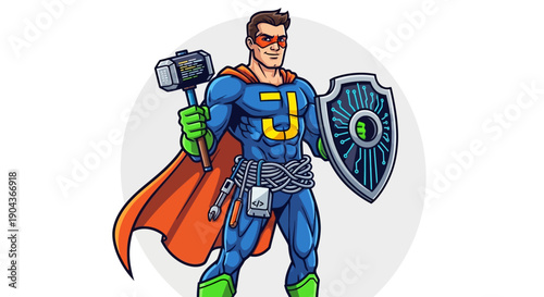 Heroic Superhero Character Action Scene, Cartoon Style Illustration, Dynamic Background, Colorful Design, Fantasy Environment