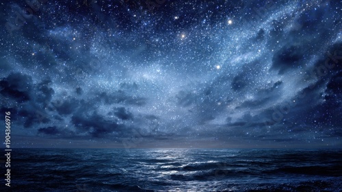 Starry night sky in blue hues above a serene ocean seascape with ample copy space image.