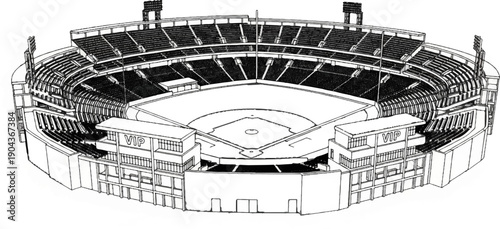 A detailed black and white line drawing of a large, empty baseball stadium