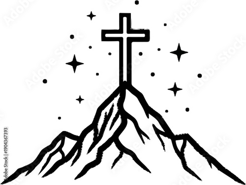 A cross atop rugged mountains under a starry sky
