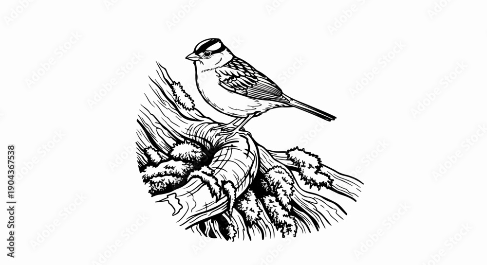 Obraz premium A detailed ink sketch of a small bird perched on a mossy, textured branch