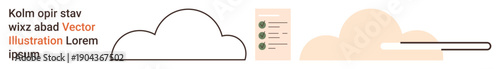 Cloud computing, online storage, data management, file sharing, digital technology, information transfer. Minimalist illustration with a cloud, list and progress bar. Cloud computing and data