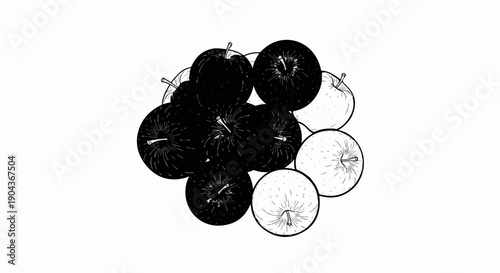 A cluster of black and white apples, rendered in a simple line drawing style