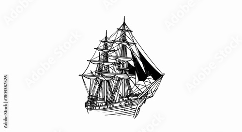 A detailed ink sketch of a grand old sailing ship with billowing sails