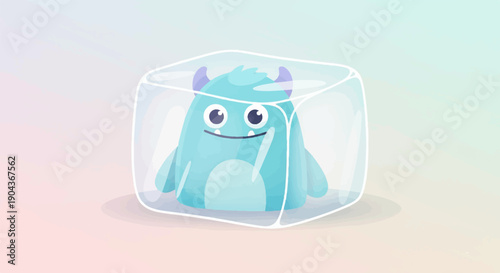 A cute, fuzzy blue monster is trapped inside a clear ice cube