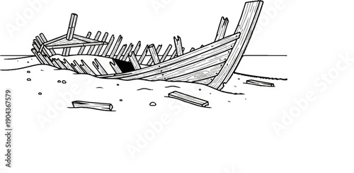A detailed line drawing depicts a decaying wooden shipwreck on a sandy shore