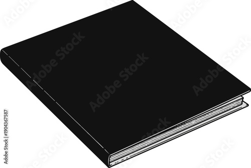 A closed, dark-covered book lies open on a white background