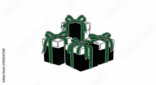 A cluster of four gift boxes, each adorned with a festive green bow