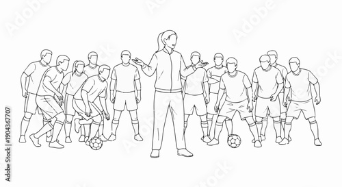 A coach instructs a team of athletes on a field with a soccer ball