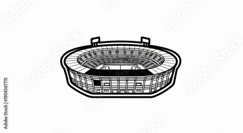A detailed line drawing of a large, open-air sports stadium