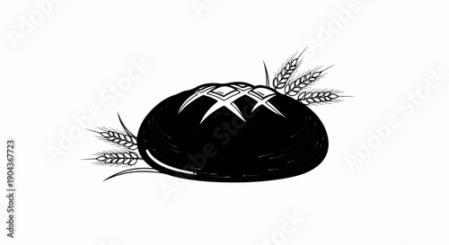 A dark loaf of bread with a score mark on top, surrounded by wheat stalks