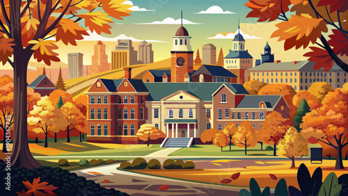 Very beautiful autumn view from Yale’s college park toward the Old Campus near Connecticut Hall, highlighting golden foliage and the refined charm of historic academic architecture.