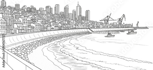 A coastal city with a busy port, backed by buildings and a gentle shoreline