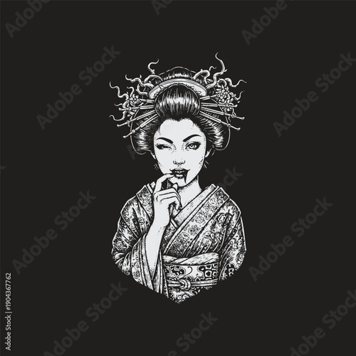 Vintage woodcut engraving of a seductive vampire geisha in traditional kimono with blood on her lips and snake-like hair ornaments in dark gothic style