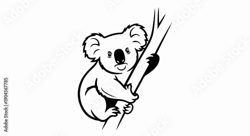 A cartoon koala clings to a tree branch, smiling with wide eyes and a fluffy appearance