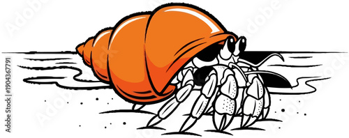 A cartoon hermit crab with an orange shell walks on sandy ground with water