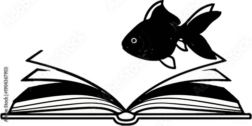 A black fish leaps from an open book with black and white pages