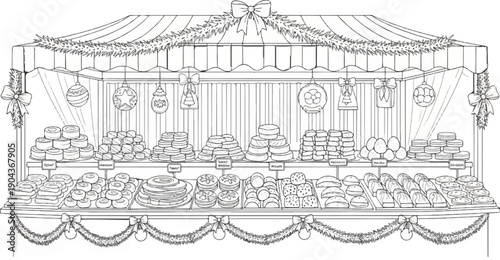A Christmas bakery stall displays numerous pastries, breads, and desserts