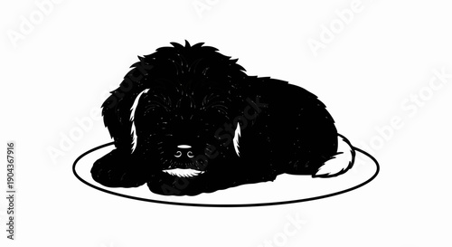 A black, fluffy dog lies on its side within a large oval