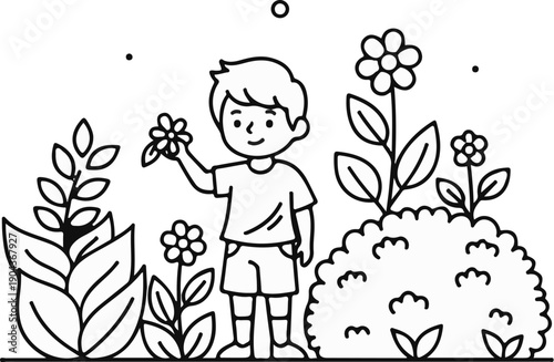 A cartoon child with a flower in hand stands amidst blooming plants and bushes